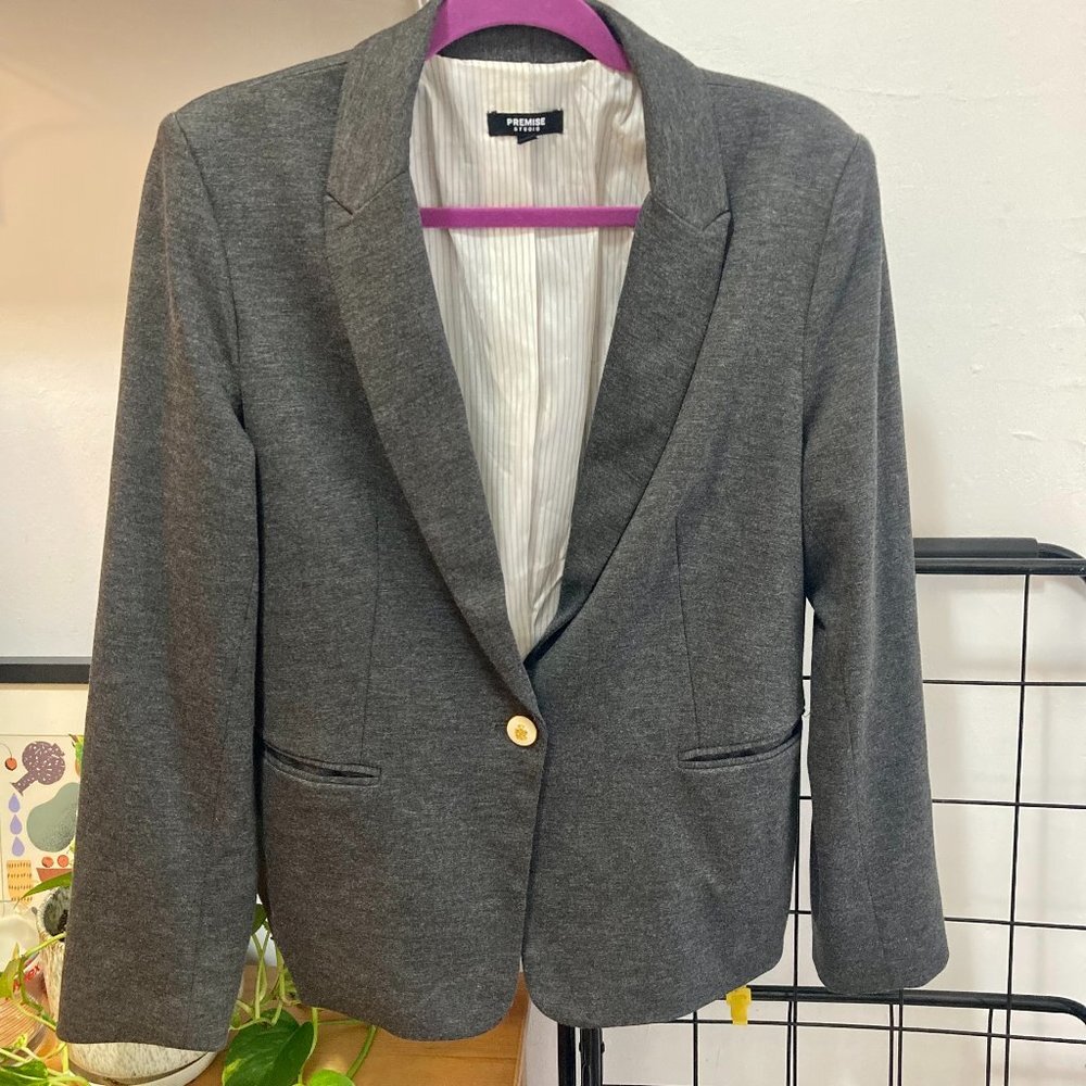 Premise Charcoal Gray Knit Blazer Gold Button L Soft Stretch Jacket